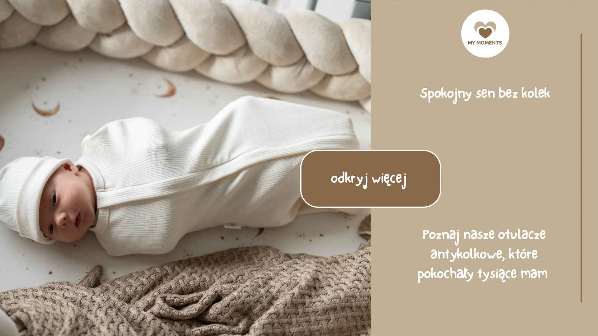 Noworodek owinięty w miękki otulacz niemowlęcy w kolorze beżowym - bezpieczny sen dziecka.